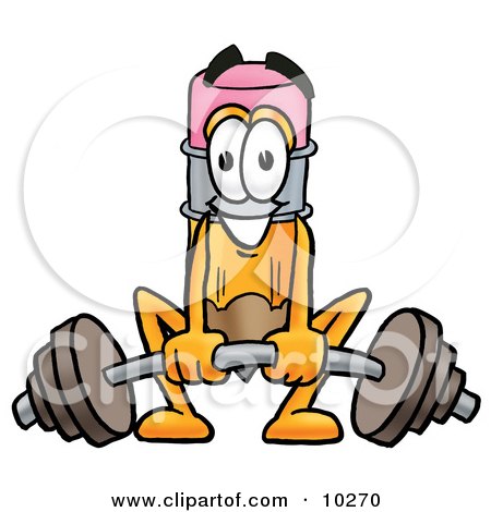 Clipart Picture of a Pencil Mascot Cartoon Character Lifting a Heavy Barbell by Mascot Junction
