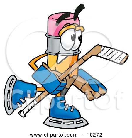 Clipart Picture of a Pencil Mascot Cartoon Character Playing Ice Hockey by Mascot Junction