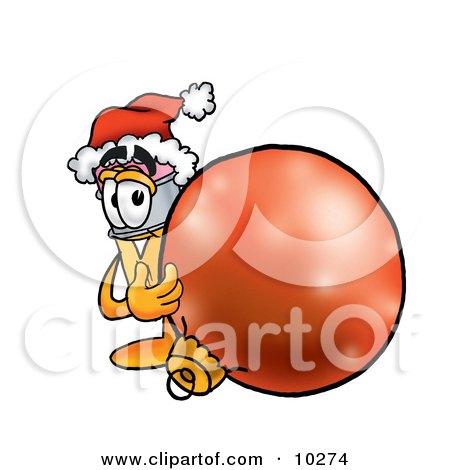 Clipart Picture of a Pencil Mascot Cartoon Character Wearing a Santa Hat, Standing With a Christmas Bauble by Mascot Junction