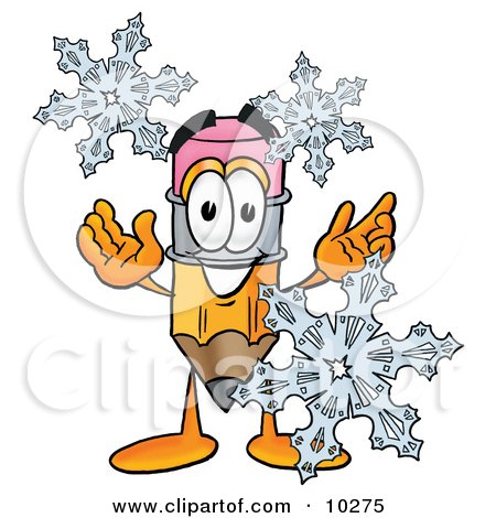 Clipart Picture of a Pencil Mascot Cartoon Character With Three Snowflakes in Winter by Mascot Junction