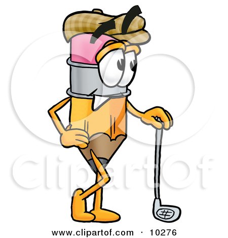 Clipart Picture of a Pencil Mascot Cartoon Character Leaning on a Golf Club While Golfing by Mascot Junction
