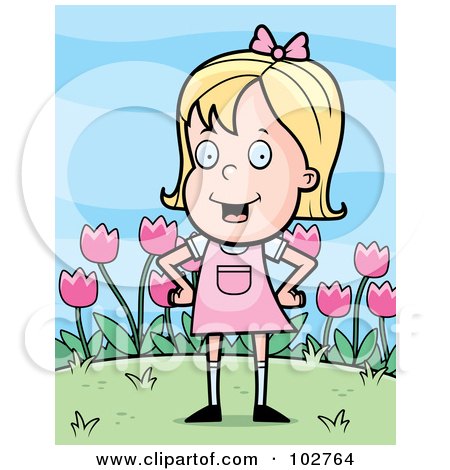 Royalty-Free (RF) Clipart Illustration of a Little Blond Girl In Pink, Her Hands On Her Hips, In Front Of Tulips by Cory Thoman