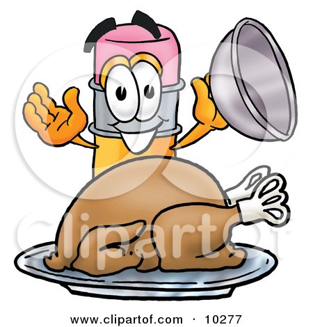 Clipart Picture of a Pencil Mascot Cartoon Character Serving a Thanksgiving Turkey on a Platter by Mascot Junction