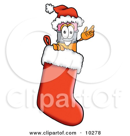 Clipart Picture of a Pencil Mascot Cartoon Character Wearing a Santa Hat Inside a Red Christmas Stocking by Mascot Junction