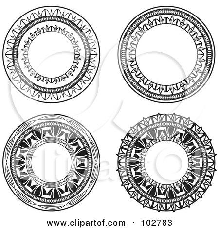 Royalty-Free (RF) Clipart Illustration of a Digital Collage Of Four Ornate Circle Designs In Black And White - 2 by Cory Thoman