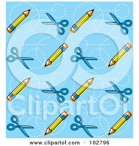 Royalty-Free (RF) Clipart Illustration of a Blue Background With Scissors And Pencils by Cory Thoman