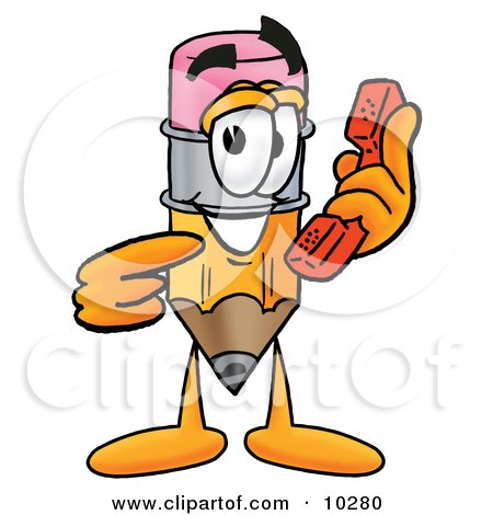 Clipart Picture of a Pencil Mascot Cartoon Character Holding a Telephone by Mascot Junction