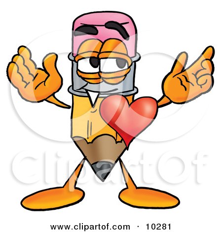 Clipart Picture of a Pencil Mascot Cartoon Character With His Heart Beating Out of His Chest by Mascot Junction