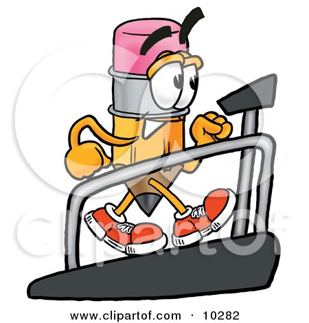 Clipart Picture of a Pencil Mascot Cartoon Character Walking on a Treadmill in a Fitness Gym by Mascot Junction