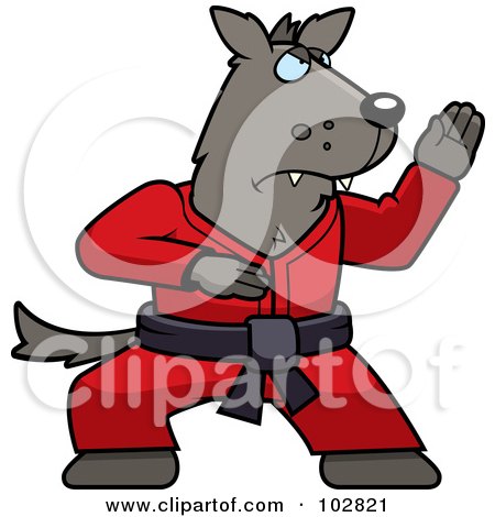 Royalty-Free (RF) Clipart Illustration of a Black Belt Karate Wolf by Cory Thoman