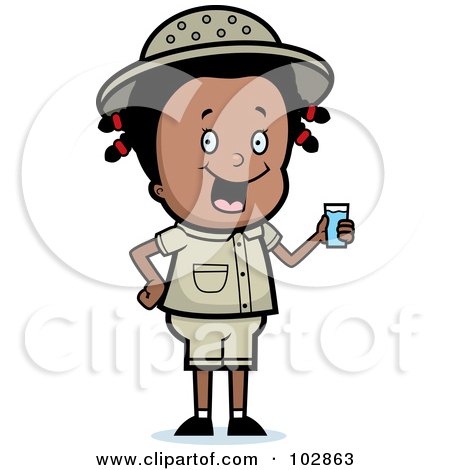 Royalty-Free (RF) Clipart Illustration of a Happy Black Safari Girl Holding A Glass Of Water by Cory Thoman