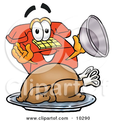 Clipart Picture of a Red Telephone Mascot Cartoon Character Serving a Thanksgiving Turkey on a Platter by Mascot Junction