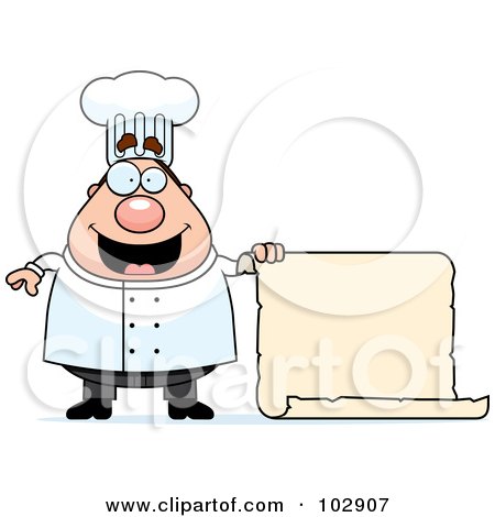 Royalty-Free (RF) Clipart Illustration of a Chubby Culinary Chef Holding A Blank Scroll Menu by Cory Thoman