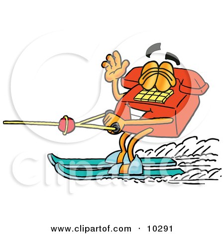 Clipart Picture of a Red Telephone Mascot Cartoon Character Waving While Water Skiing by Mascot Junction