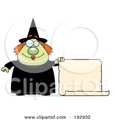 Royalty-Free (RF) Clipart Illustration of a Chubby Witch Holding A Blank Scroll Sign by Cory Thoman