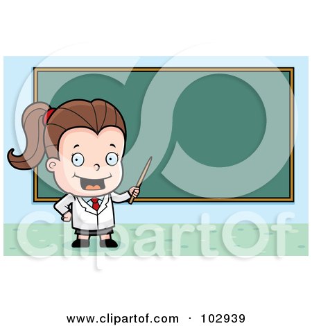 Royalty-Free (RF) Clipart Illustration of a Little Teacher Girl Pointing To A Chalk Board by Cory Thoman