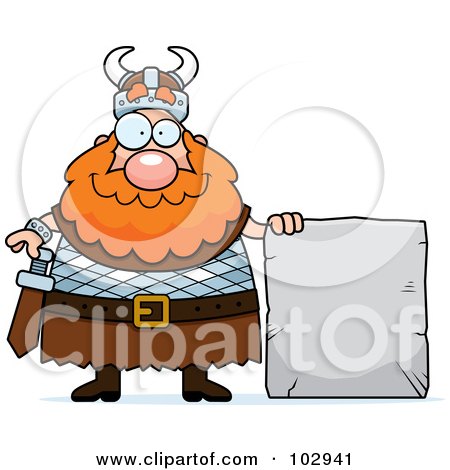Royalty-Free (RF) Clipart Illustration of a Chubby Viking Man With A Stone Sign by Cory Thoman