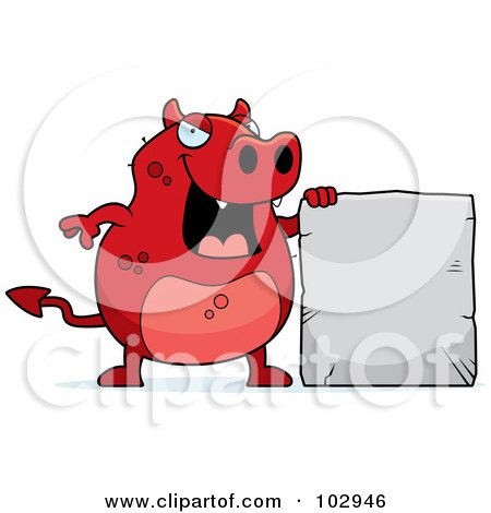 Royalty-Free (RF) Clipart Illustration of a Red Devil Holding A Stone Sign by Cory Thoman