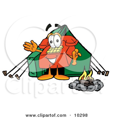 Clipart Picture of a Red Telephone Mascot Cartoon Character Camping With a Tent and Fire by Mascot Junction
