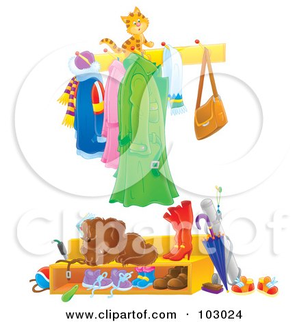 Royalty-Free (RF) Clipart Illustration of a Cat Walking On A Coat Rack Above A Sleeping Puppy by Alex Bannykh