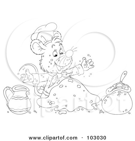 Royalty-Free (RF) Clipart Illustration of a Coloring Page Outline Of A Chef Mouse Making Dough by Alex Bannykh