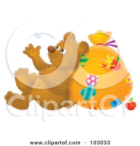 Royalty-Free (RF) Clipart Illustration of an Airbrushed Bear Leaning Against A Sack And Watching A Floating Feather by Alex Bannykh