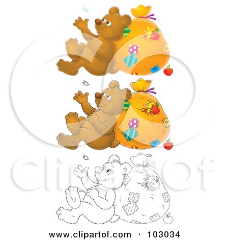 Royalty-Free (RF) Clipart Illustration of a Digital Collage Of A Bear Leaning Against A Sack And Watching A Floating Feather by Alex Bannykh