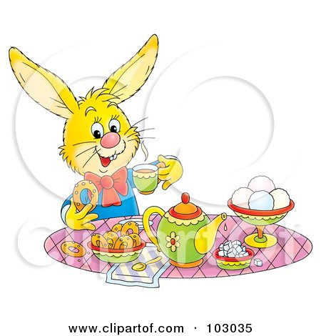 Royalty-Free (RF) Clipart Illustration of a Yellow Tea Time Rabbit by Alex Bannykh