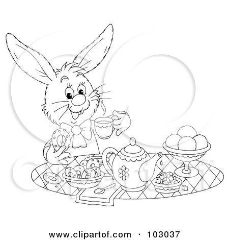 Royalty-Free (RF) Clipart Illustration of a Coloring Page Outline Of A Tea Time Rabbit by Alex Bannykh
