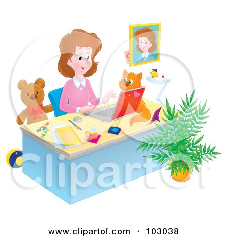 Royalty-Free (RF) Clipart Illustration of a Cat On A Desk, Watching A Woman Work In Her Home Office by Alex Bannykh