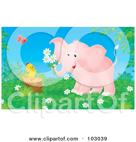 Royalty-Free (RF) Clipart Illustration of a Pink Elephant Holding Flowers By A Chick On A Stump by Alex Bannykh