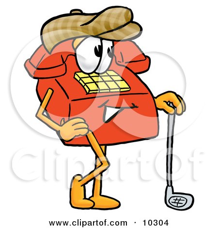 Clipart Picture of a Red Telephone Mascot Cartoon Character Leaning on a Golf Club While Golfing by Mascot Junction