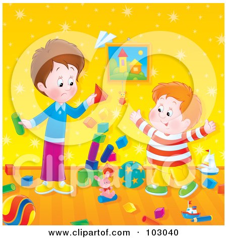 Royalty-Free (RF) Clipart Illustration of a Stack Of Blocks Falling While Two Boys Play by Alex Bannykh