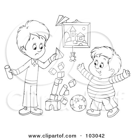 Royalty-Free (RF) Clipart Illustration of an Outline Of A Stack Of Blocks Tumbling While Two Boys Play by Alex Bannykh