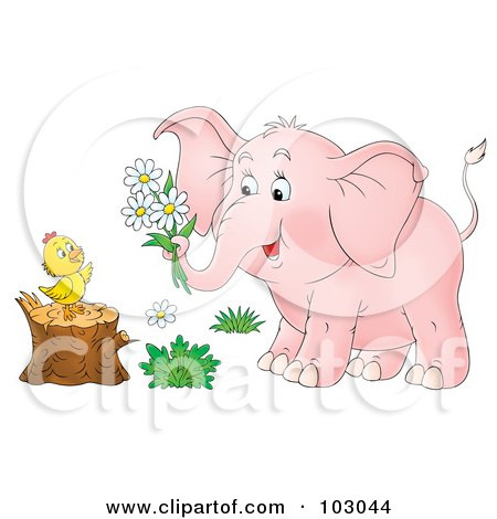 Royalty-Free (RF) Clipart Illustration of a Pink Elephant Giving Flowers To A Chick On A Stump by Alex Bannykh