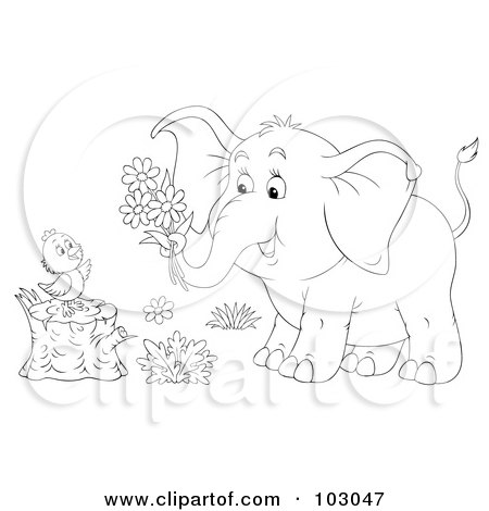 Royalty-Free (RF) Clipart Illustration of a Coloring Page Outline Of An Elephant Giving Flowers To A Chick On A Stump by Alex Bannykh