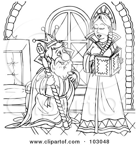 Royalty-Free (RF) Clipart Illustration of a Coloring Page Outline Of An Old King And Young Queen by Alex Bannykh