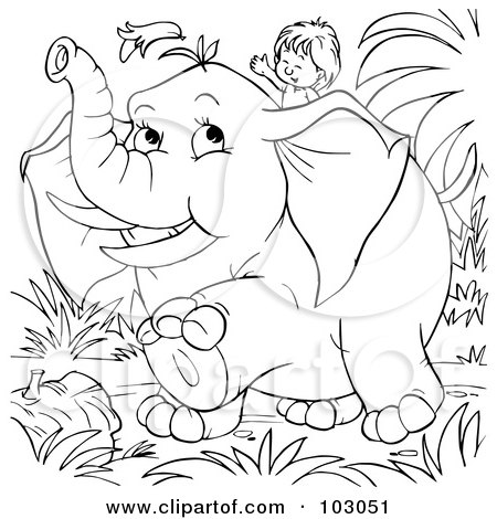 Royalty-Free (RF) Clipart Illustration of a Coloring Page Outline Of A Boy Riding An Elephant by Alex Bannykh