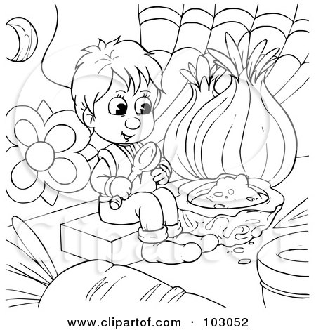 Royalty-Free (RF) Clipart Illustration of a Coloring Page Outline Of A Tiny Boy Eating Food by Alex Bannykh