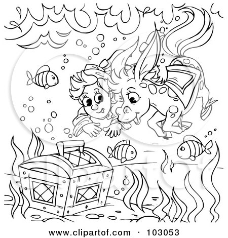 Royalty-Free (RF) Clipart Illustration of a Coloring Page Outline Of A Boy And Horse Swimming To A Treasure Chest by Alex Bannykh