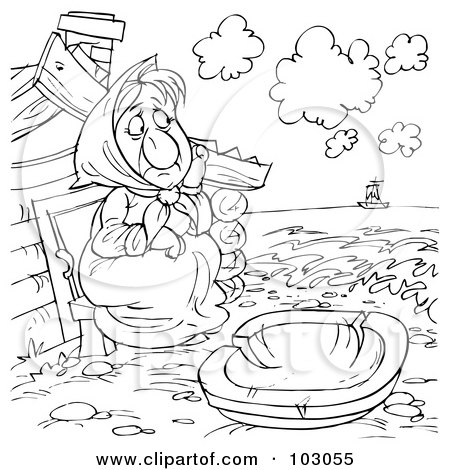 Royalty-Free (RF) Clipart Illustration of a Coloring Page Outline Of A Poor Woman Watching A Boat by Alex Bannykh