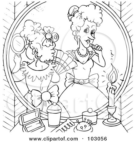 Royalty-Free (RF) Clipart Illustration of a Coloring Page Outline Of Cinderella's Evil Step Sisters Putting On Makeup by Alex Bannykh