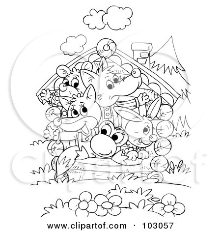 Royalty-Free (RF) Clipart Illustration of a Coloring Page Outline Of A Wolf, Mouse, Fox, Frog, And Rabbit Packed In A Tiny House by Alex Bannykh