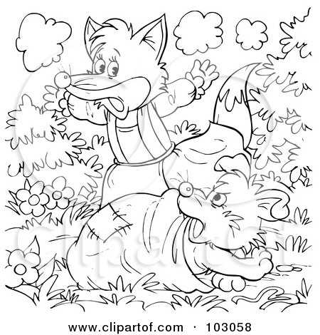 Royalty-Free (RF) Clipart Illustration of a Coloring Page Outline Of A Female Fox Waking A Dog by Alex Bannykh