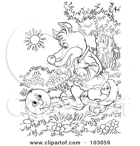 Royalty-Free (RF) Clipart Illustration of a Coloring Page Outline Of A Wolf Chasing A Happy Ball by Alex Bannykh