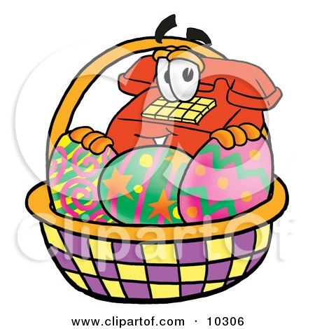Clipart Picture of a Red Telephone Mascot Cartoon Character in an Easter Basket Full of Decorated Easter Eggs by Mascot Junction