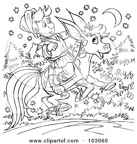 Royalty-Free (RF) Clipart Illustration of a Coloring Page Outline Of A Boy Riding A Donkey Horse by Alex Bannykh