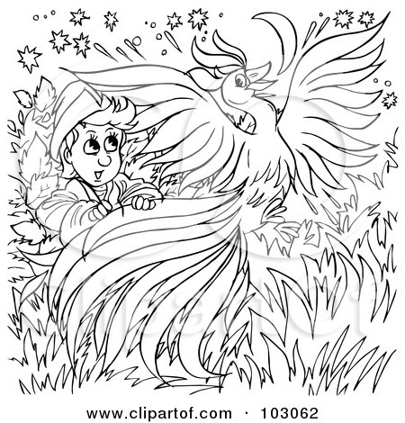 Royalty-Free (RF) Clipart Illustration of a Coloring Page Outline Of A Boy With A Phoenix by Alex Bannykh