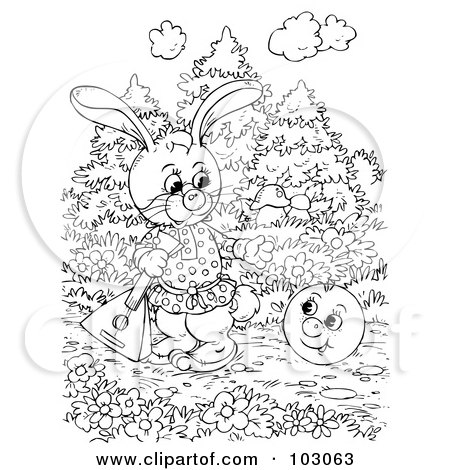 Royalty-Free (RF) Clipart Illustration of a Coloring Page Outline Of A Rabbit Watching A Happy Ball by Alex Bannykh