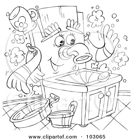 Royalty-Free (RF) Clipart Illustration of a Coloring Page Outline Of A Happy Wash Basin by Alex Bannykh
